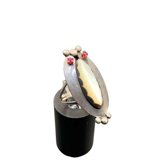 Sterling Silver MOP Native Ring Signed JN Size 5.75 Altered with 2 Added Rubies - Picture 1 of 9